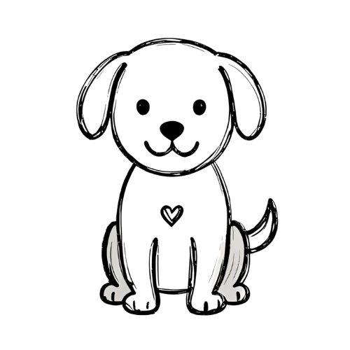 Simple line drawing of a friendly puppy used in the Raised with Heart section of Porchlight Puppies