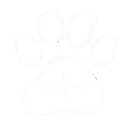Line drawing of a paw print with a heartbeat symbol representing health-tested puppies.