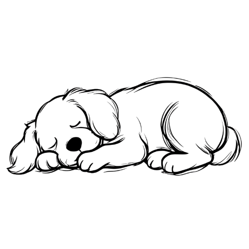 Line drawing of a sleeping puppy symbolizing gentle temperaments and easygoing companion dogs.